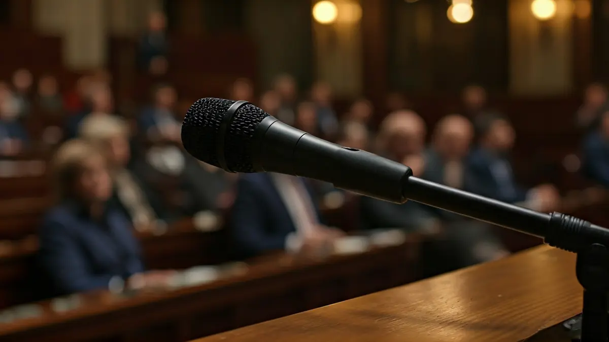 Imagen genérica de un micrófono en un podio durante un debate parlamentario.