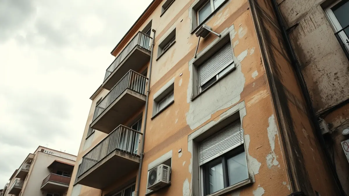 Imagen de la fachada de un edificio con problemas de humedad y falta de mantenimiento.