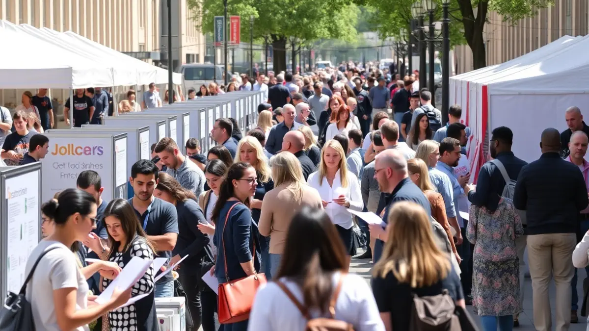 Imagen genérica de una feria de empleo con personas interactuando en los stands.