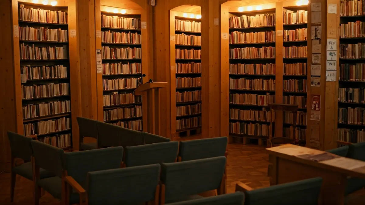 Imagen genérica de una biblioteca o sala de lectura con estanterías y un podio.