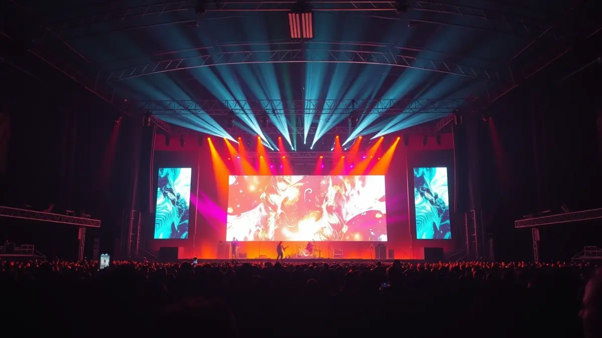 Imagen genérica de un escenario de conciertos con luces y pantalla, sin público.