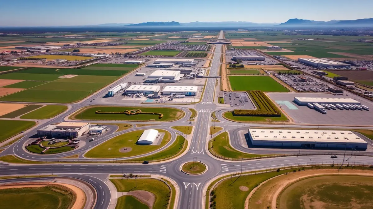 Imagen aérea de un polígono industrial con carreteras y rotondas.