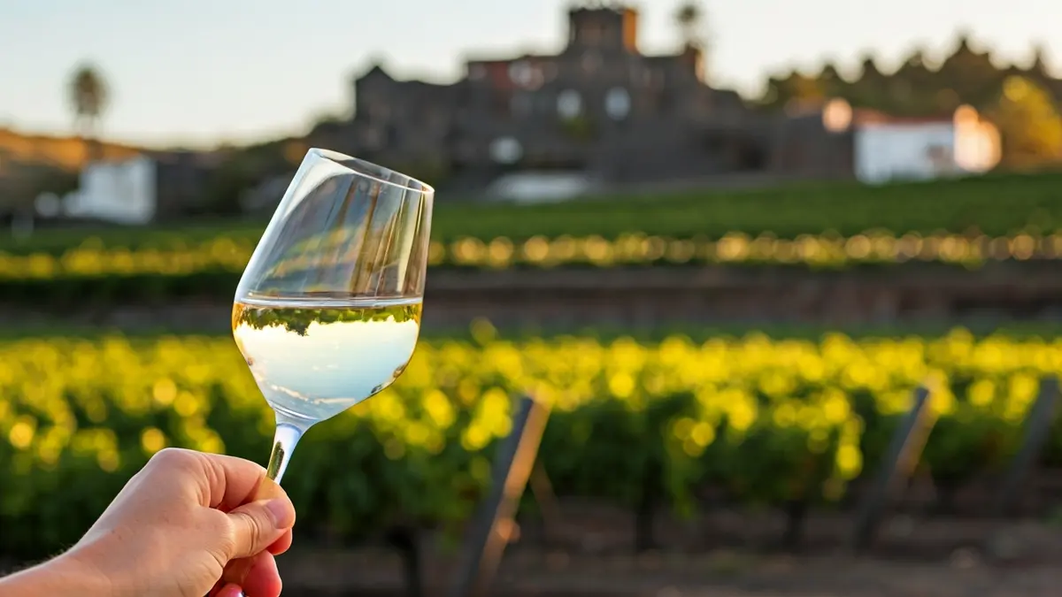 Image of a wine glass at an event, with vineyards in the background.