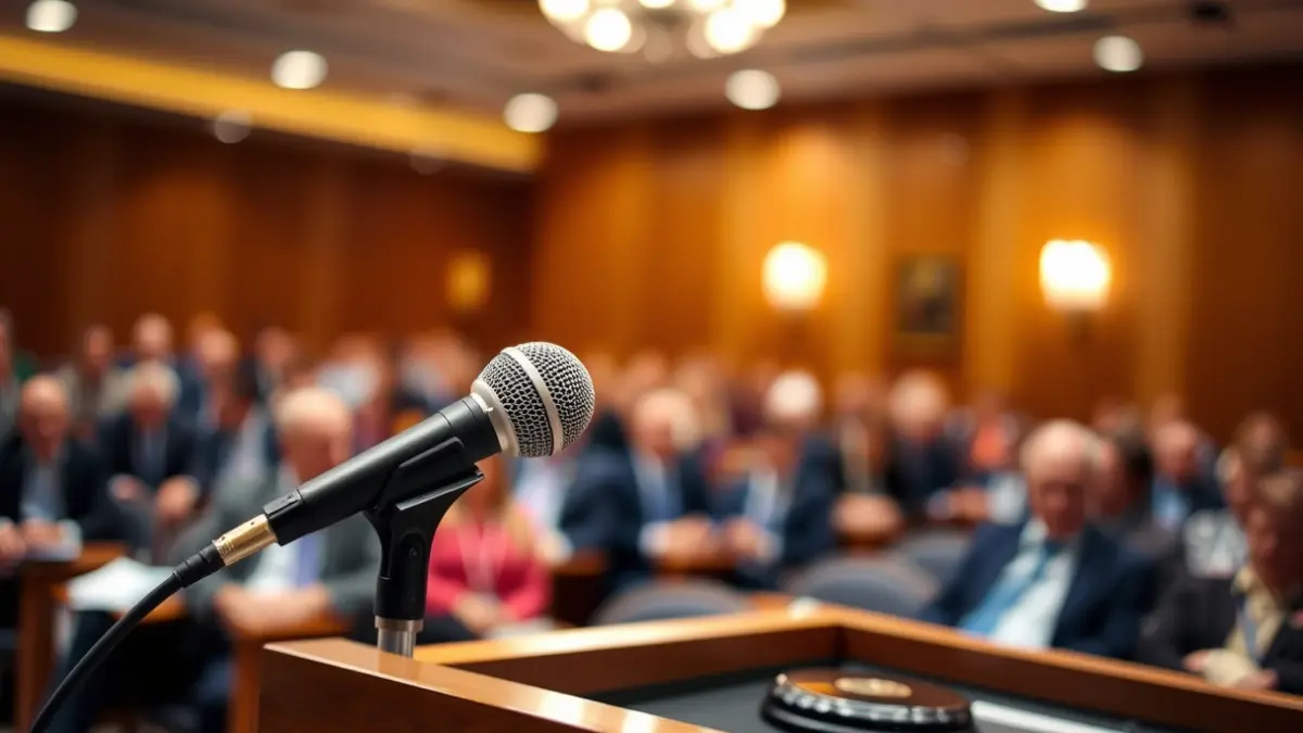 Generic image of a forum or conference with a microphone on a lectern.