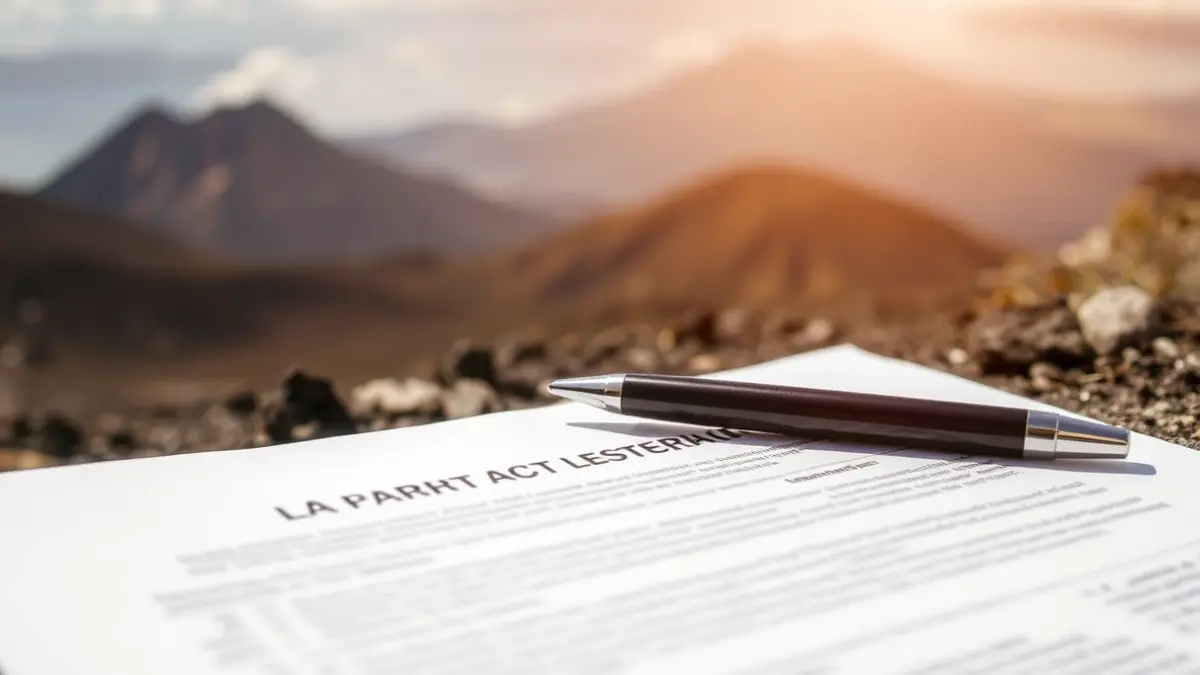 Legal document against a volcanic landscape background in La Palma, symbolizing legal reconstruction.
