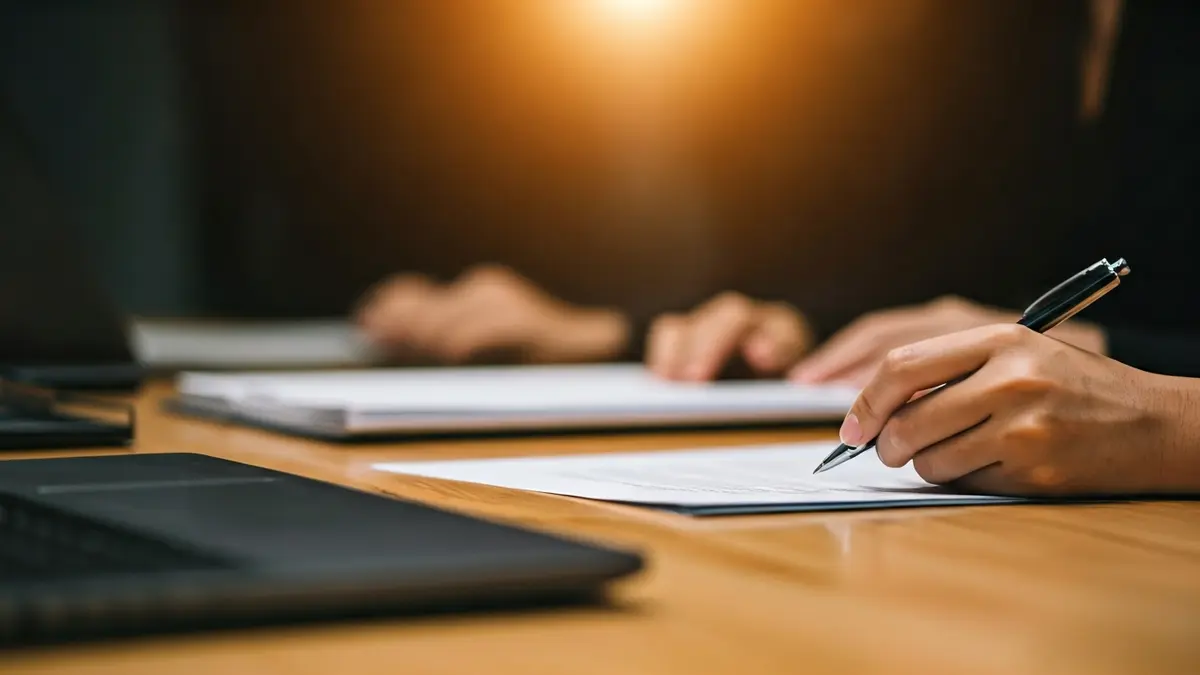 Imagen genérica de manos firmando un documento en una mesa de madera, con materiales educativos borrosos al fondo.