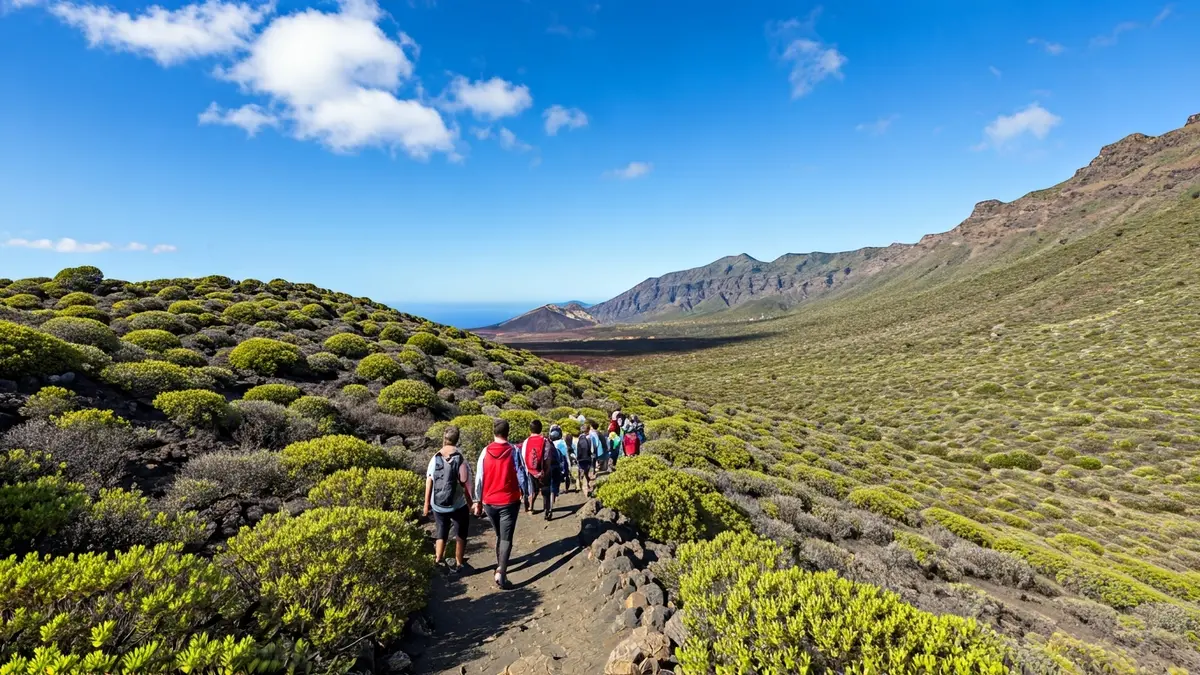 Generic image of people walking on a trail in a volcanic Canary Islands landscape.