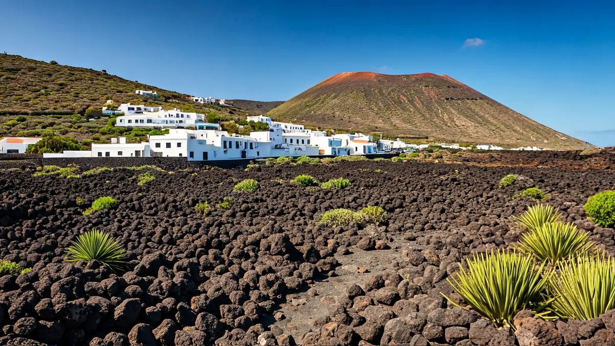 Image of a volcanic landscape with traditional houses in Fuencaliente, La Palma.