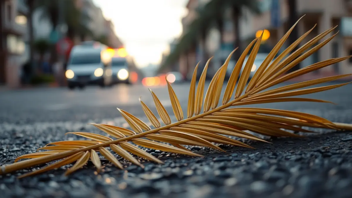 Image of a fallen palm frond on the ground after an incident.