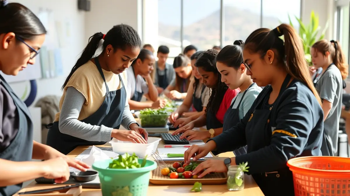 Imagen genérica de estudiantes en un entorno de formación profesional, con elementos que sugieren las áreas de agricultura, comercio u hostelería.