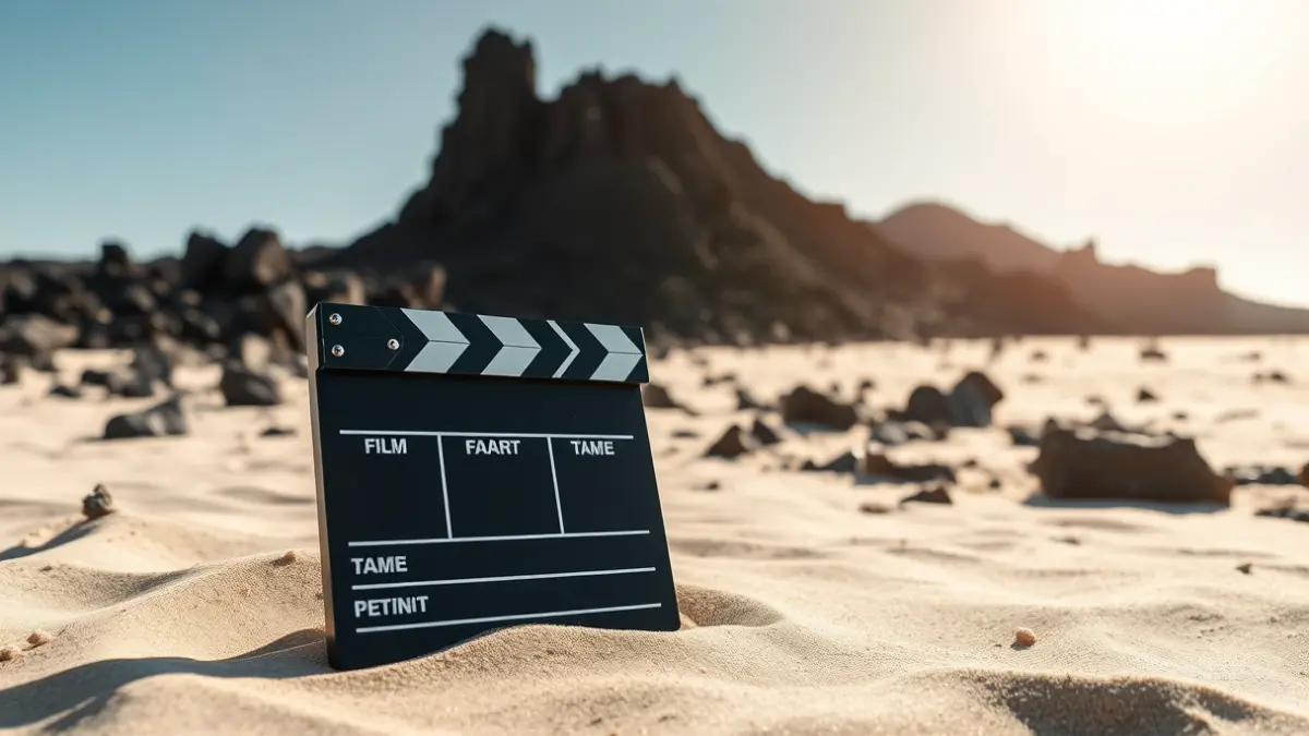 Film clapperboard on a Fuerteventura beach with volcanic rocks in the background.