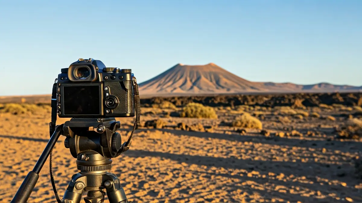 Film camera on a tripod in a desert landscape of Fuerteventura.