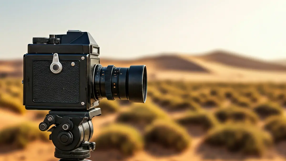 Film camera on a tripod in a desert landscape, with blurred dunes and vegetation under the sun.