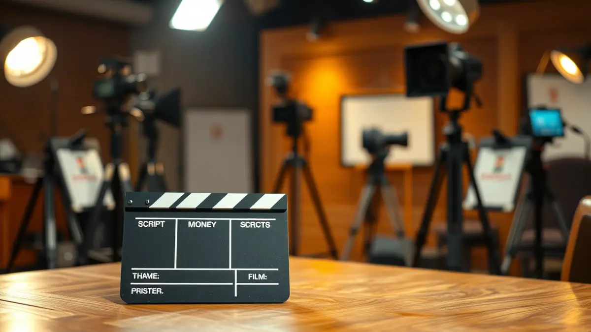 Imagen genérica de un claqueta de cine sobre una mesa de madera, con guiones y equipo de filmación desenfocados al fondo.