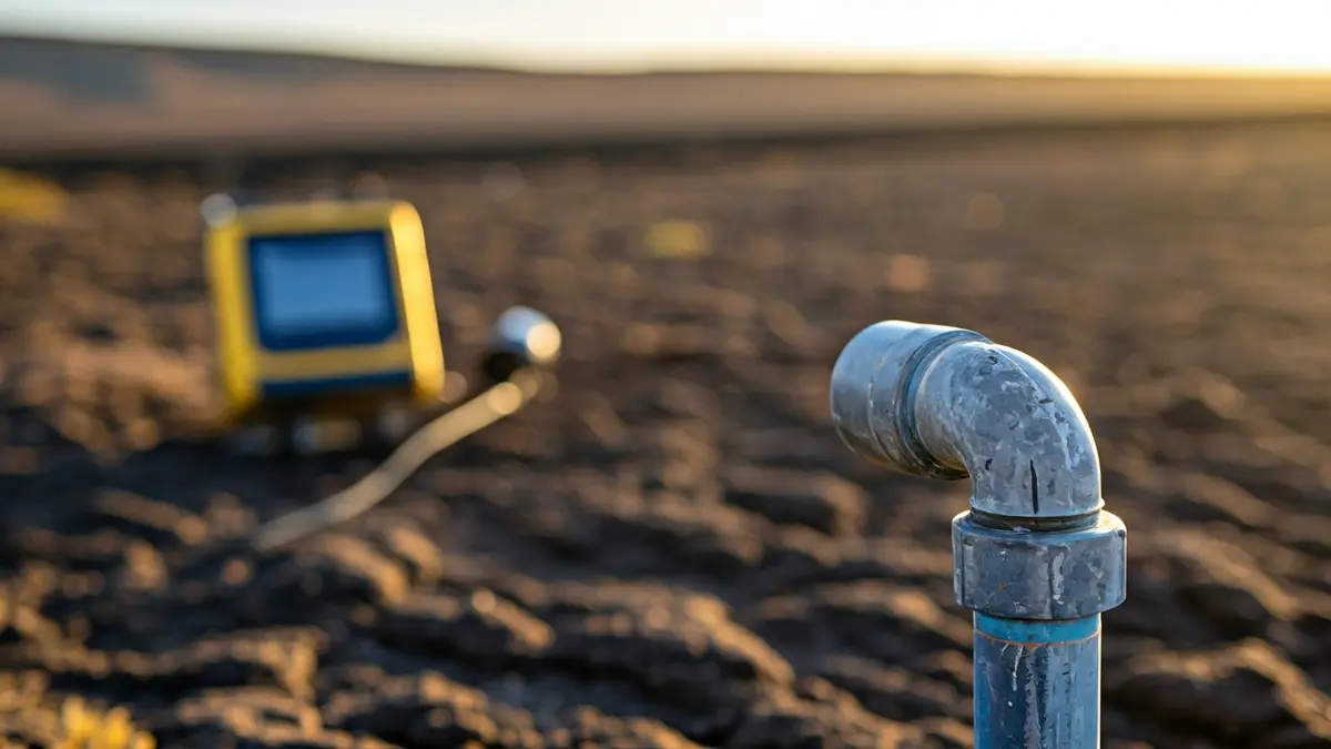 Imagen de una tubería de agua con una pequeña fuga, con equipo de detección digital cerca.