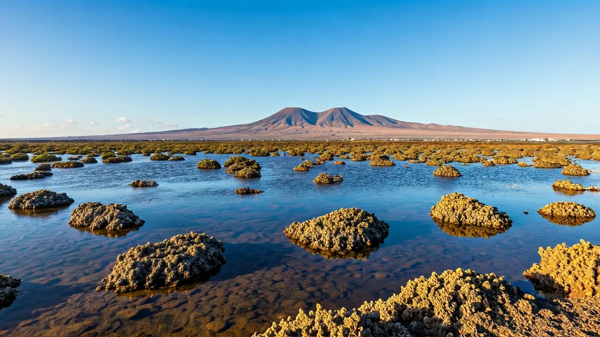 Image of a coastal wetland in Fuerteventura, with native vegetation and mountains in the background.