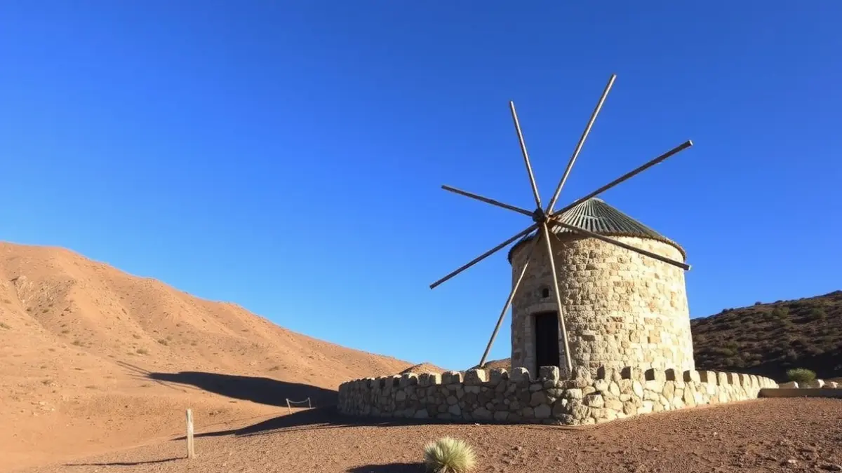 Image of a historic windmill in Fuerteventura, rehabilitated as part of an employment program.