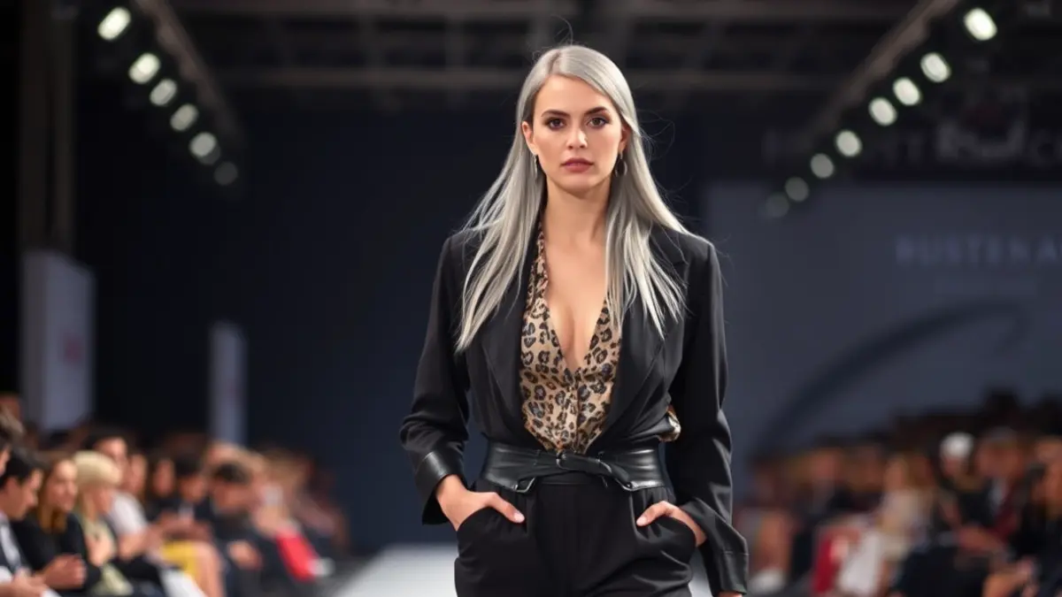 Imagen de una modelo en una pasarela de moda, con un estilo distintivo y cabello canoso.