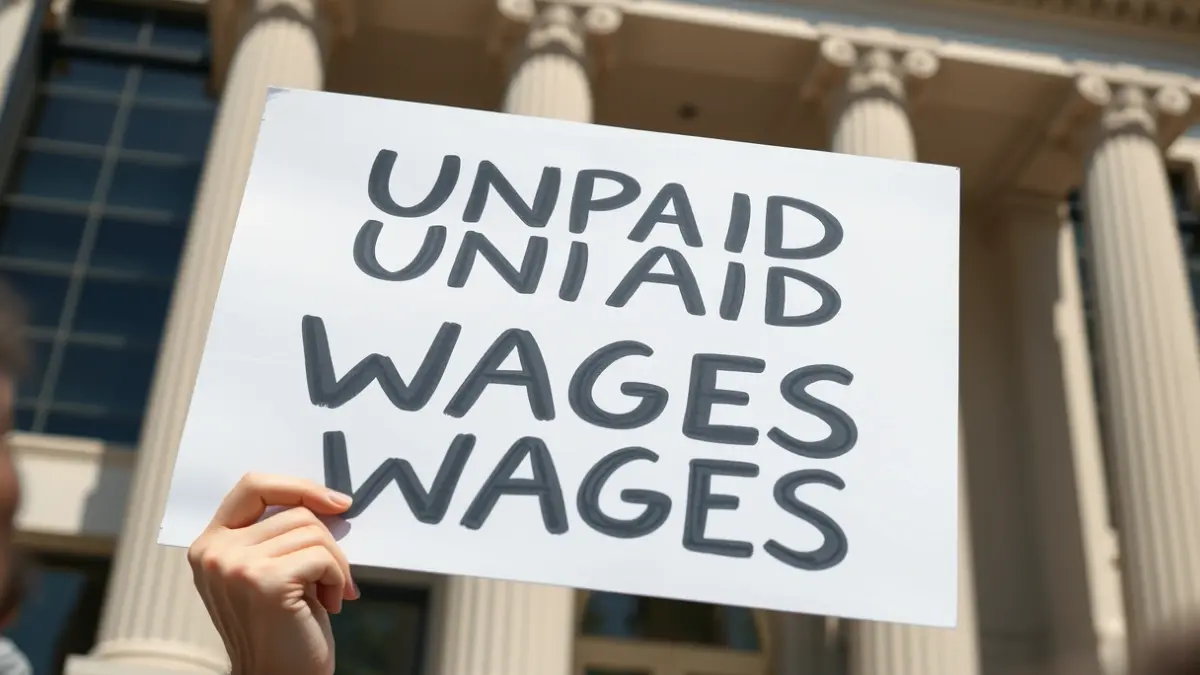 Image of a protest in front of a courthouse, with banners and people demonstrating.