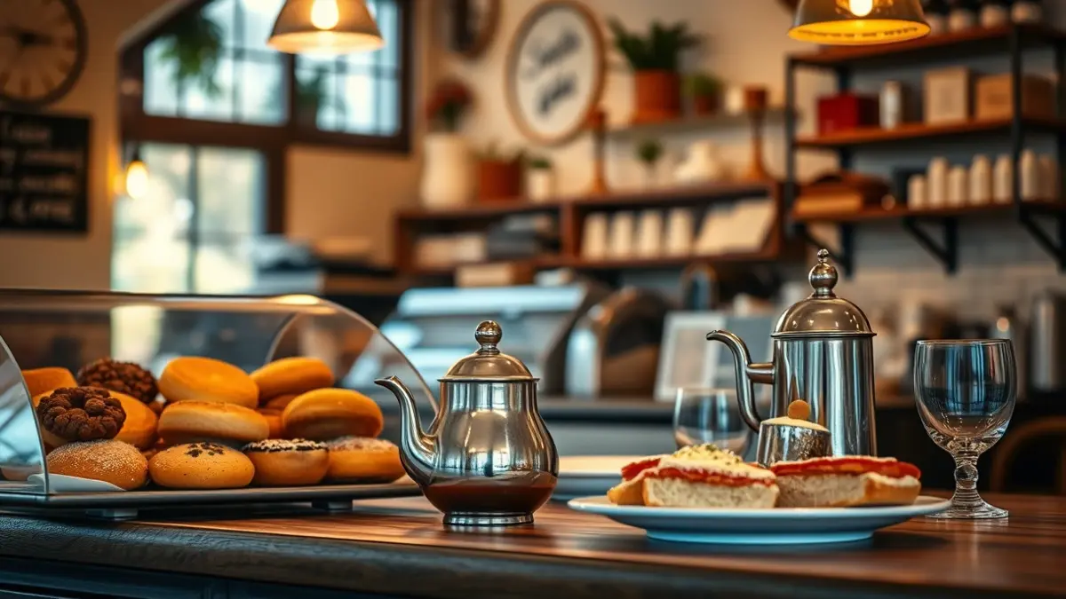Imagen genérica de un interior de cafetería con productos de repostería y bebidas.