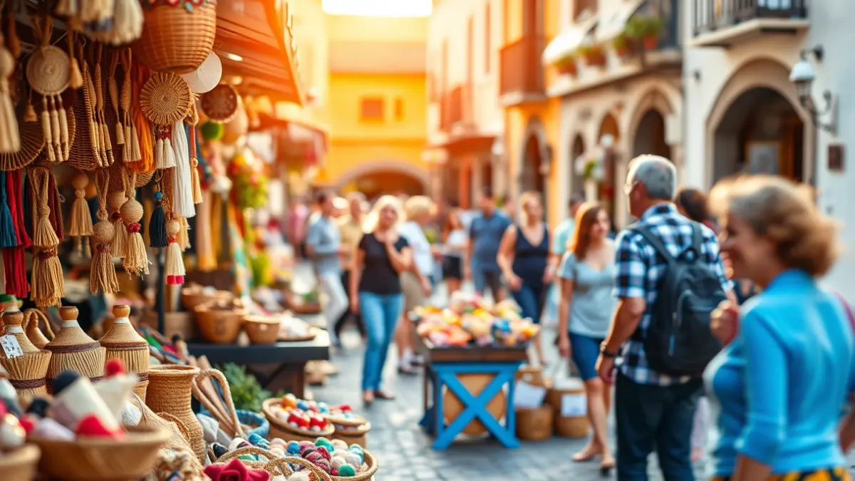 Imagen de un mercado de artesanía en una plaza canaria, con puestos y gente paseando.