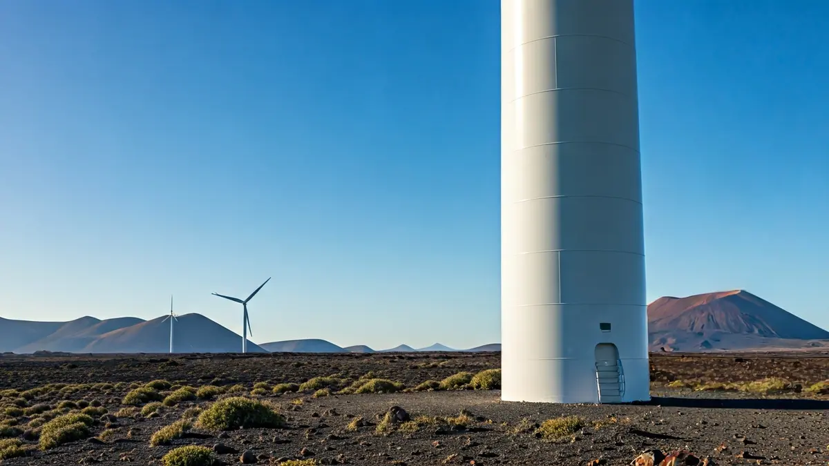 Generic image of a wind turbine base in a Canarian landscape.
