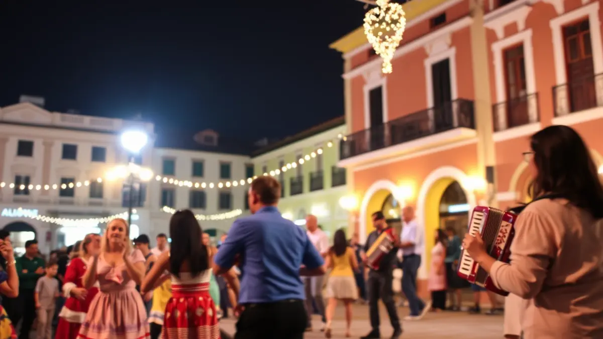 Escenario festivo en una plaza de Gáldar con música y baile tradicional canario.