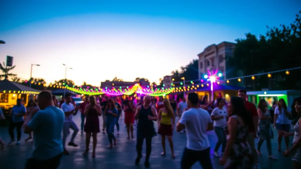 Imagen de una plaza animada con gente bailando durante un festival cultural.