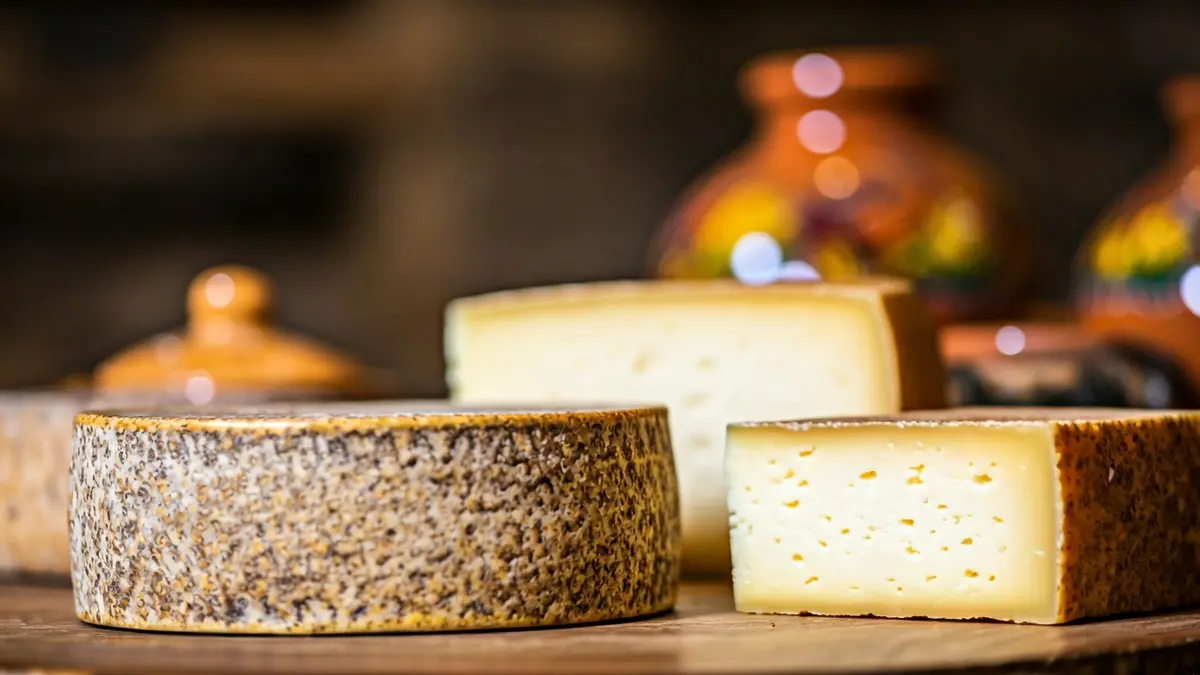 Generic image of artisanal Canarian cheeses on a wooden table.