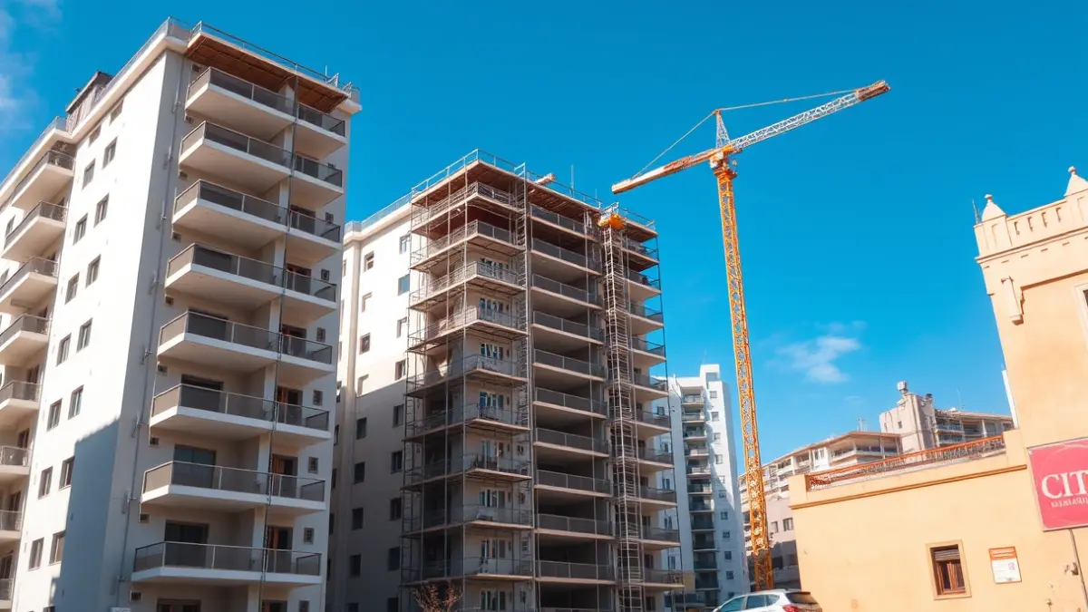 Construction of public housing in a sunny urban setting.