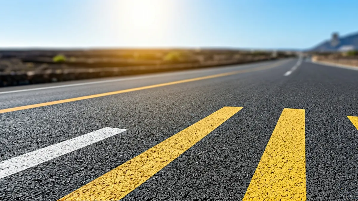 Imagen de una carretera recién pavimentada con señalización horizontal en un entorno rural de Canarias.