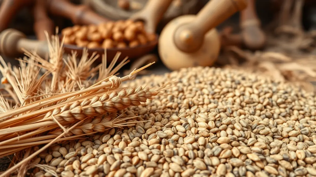 Imagen de lino seco, herramientas agrícolas y un telar antiguo, representando la recuperación de una tradición etnográfica.