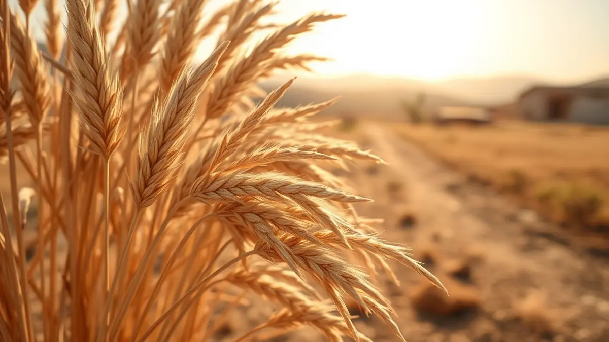 Imagen de tallos de lino secos, con un paisaje rural canario de fondo.