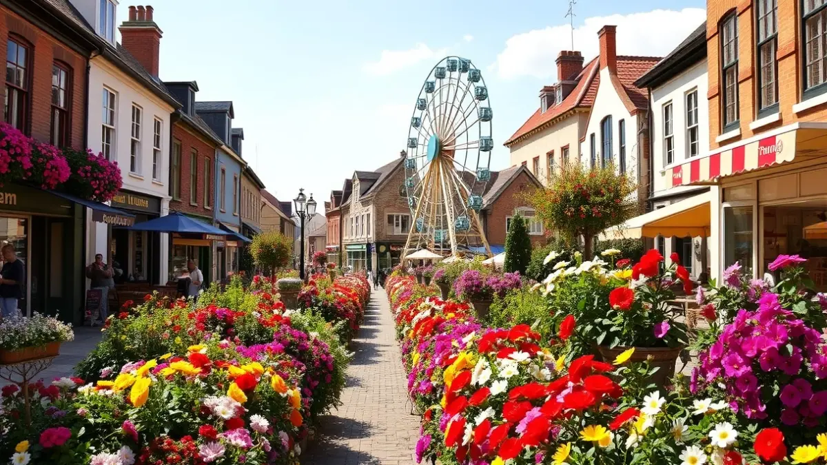 Calles de Gáldar decoradas con miles de flores y elementos festivos como norias y tiovivos.