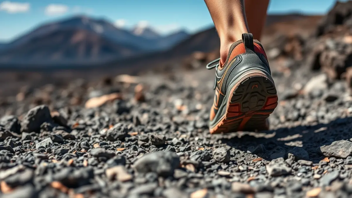 Imagen de unas zapatillas de trail running en un sendero rocoso, con un paisaje volcánico de fondo.
