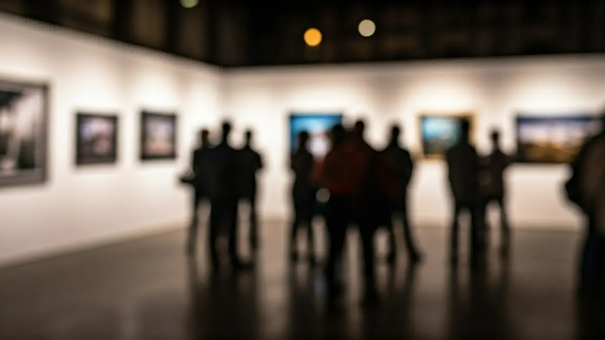 Imagen de una sala de exposiciones con obras de arte moderno, combinando fotografía y elementos digitales.