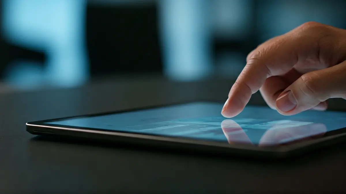 Generic image of a hand interacting with a digital tablet, symbolizing technological transformation.