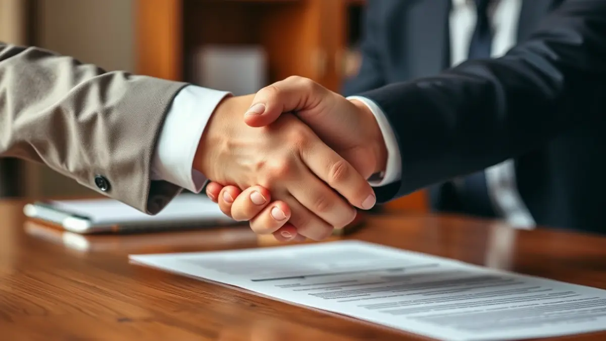 Generic image of a handshake over an office desk, symbolizing an agreement.