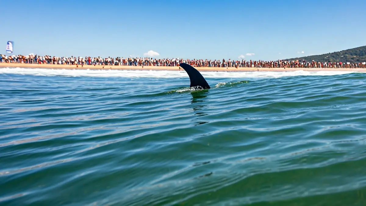 Imagen genérica de una aleta de tabla de surf cortando una ola en el océano.