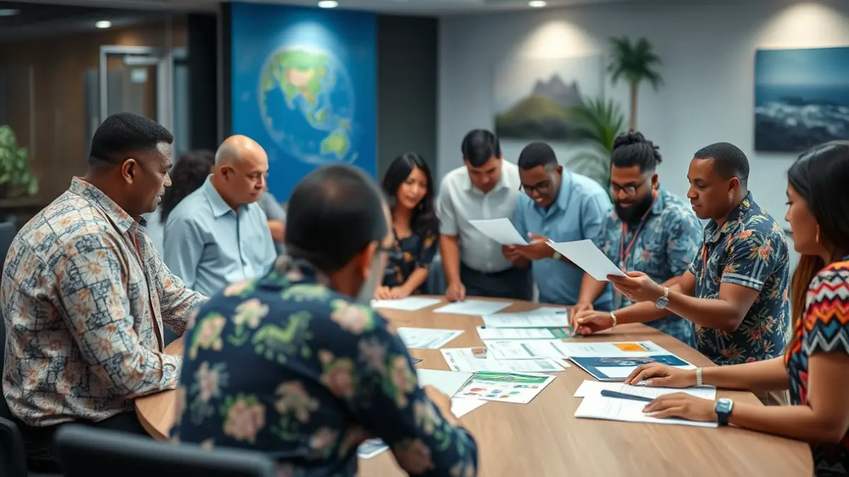 Imagen genérica de una cumbre internacional sobre sostenibilidad, con personas de diferentes islas colaborando.