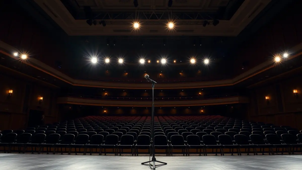 Generic image of a gala stage with spotlights and a microphone.