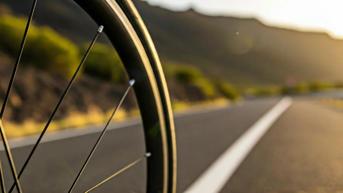 Image of a road bicycle wheel with a Gran Canaria mountain landscape in the background.