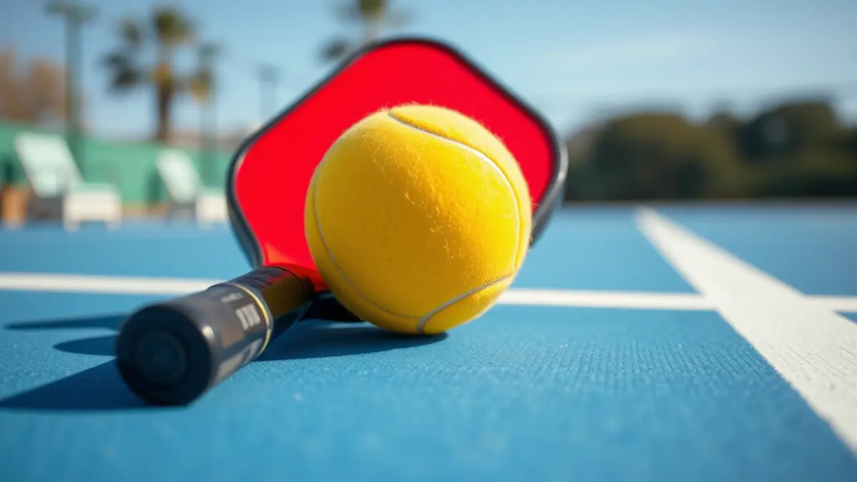 Imagen genérica de una pala y una pelota de pickleball en una cancha.