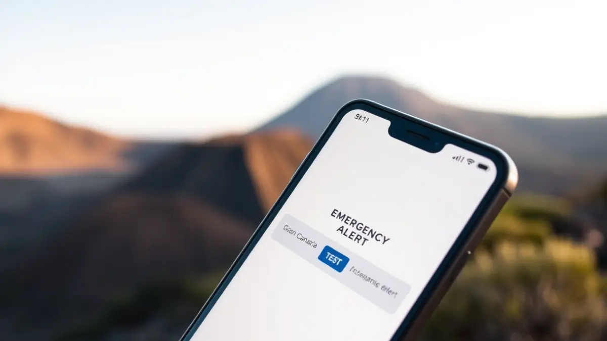 Image of a mobile phone displaying an ES-Alert system test message in Gran Canaria.