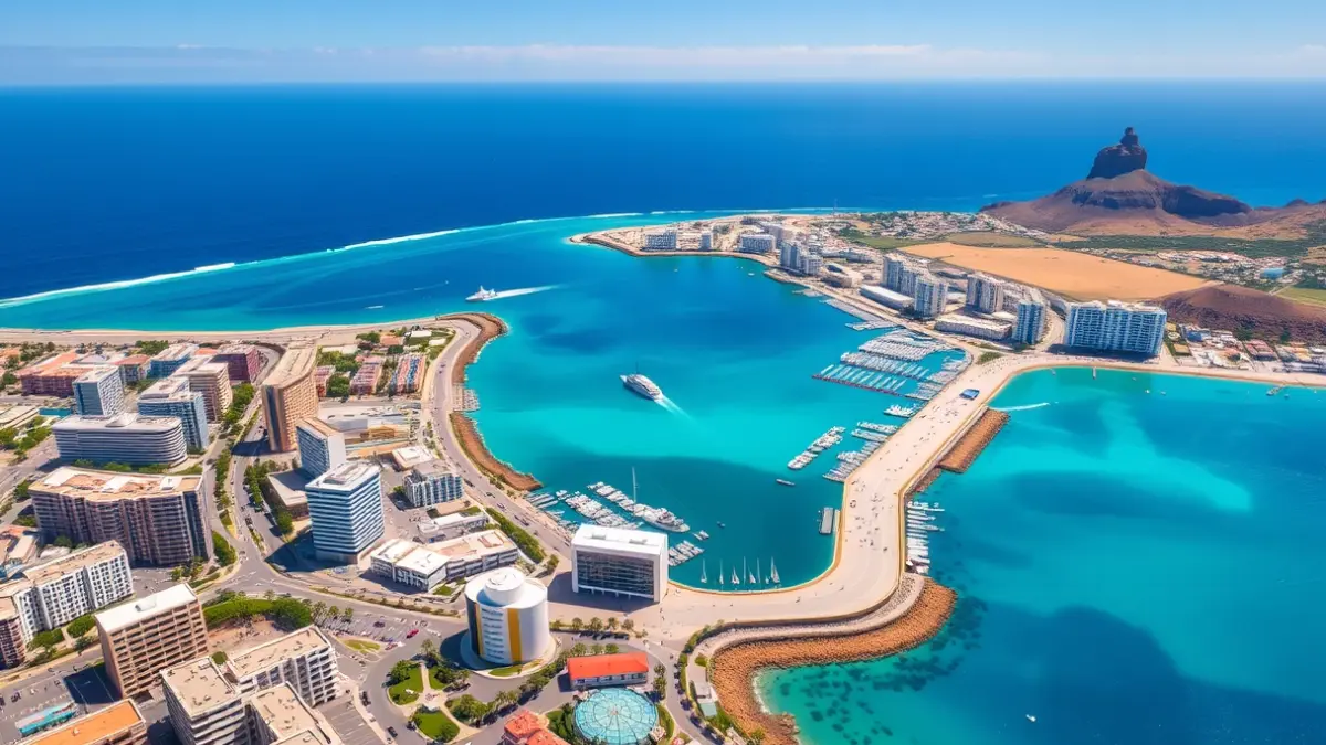 Aerial image of a coastal city in Gran Canaria, with modern buildings and a port, under a blue summer sky.