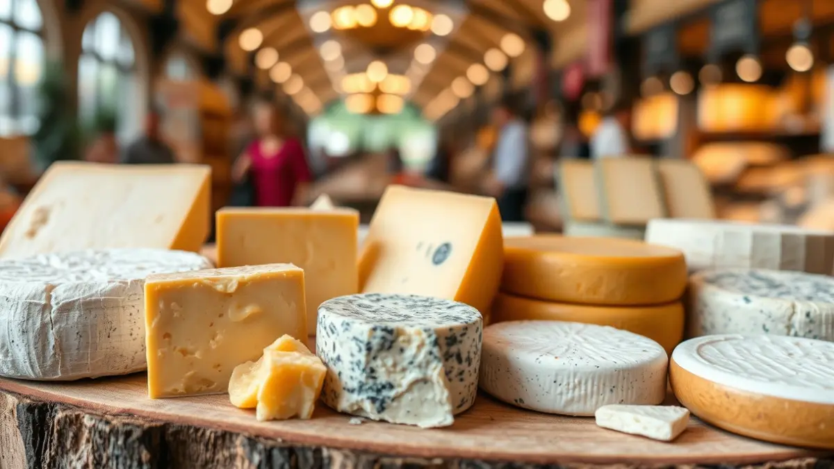 Generic image of a selection of artisanal cheeses on a wooden board.