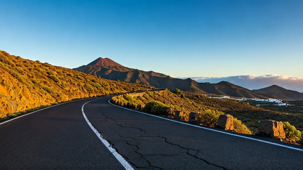 Damaged road in Gran Canaria with cracks and debris.