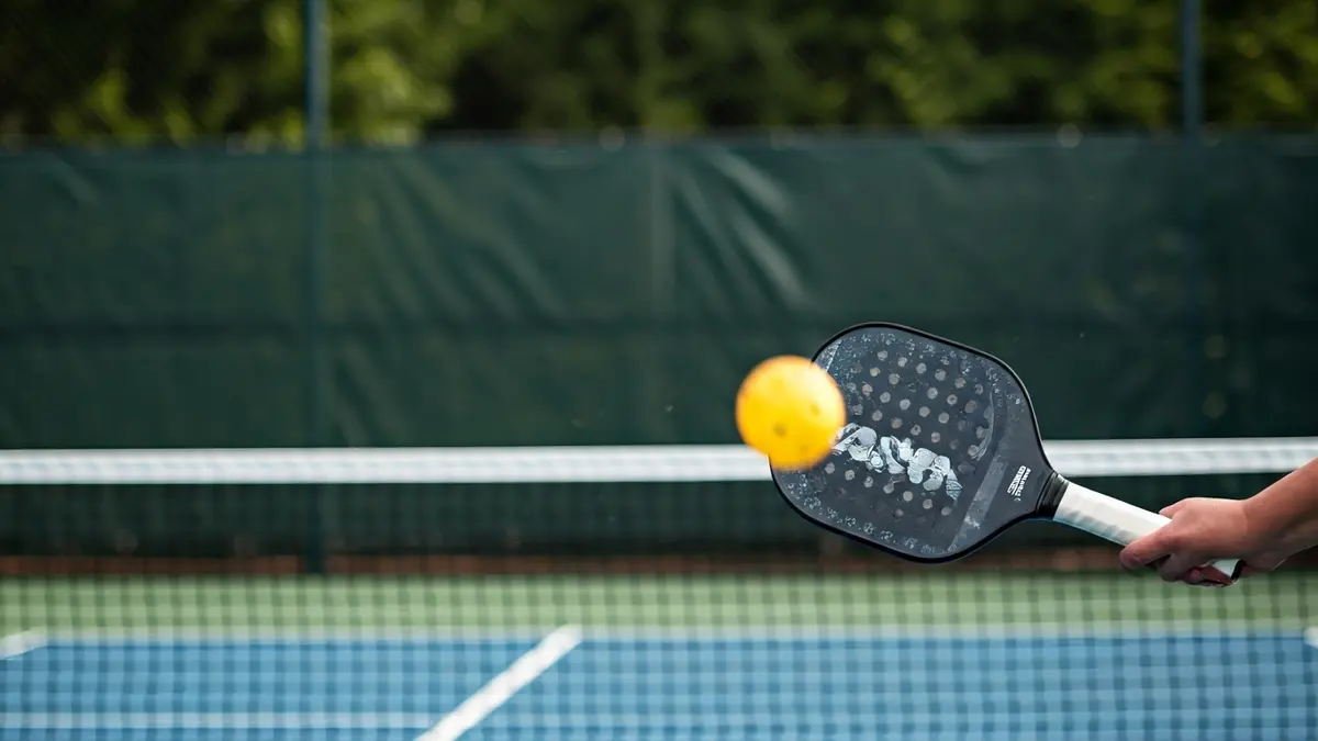 Generic image of a pickleball paddle hitting a ball over the net.