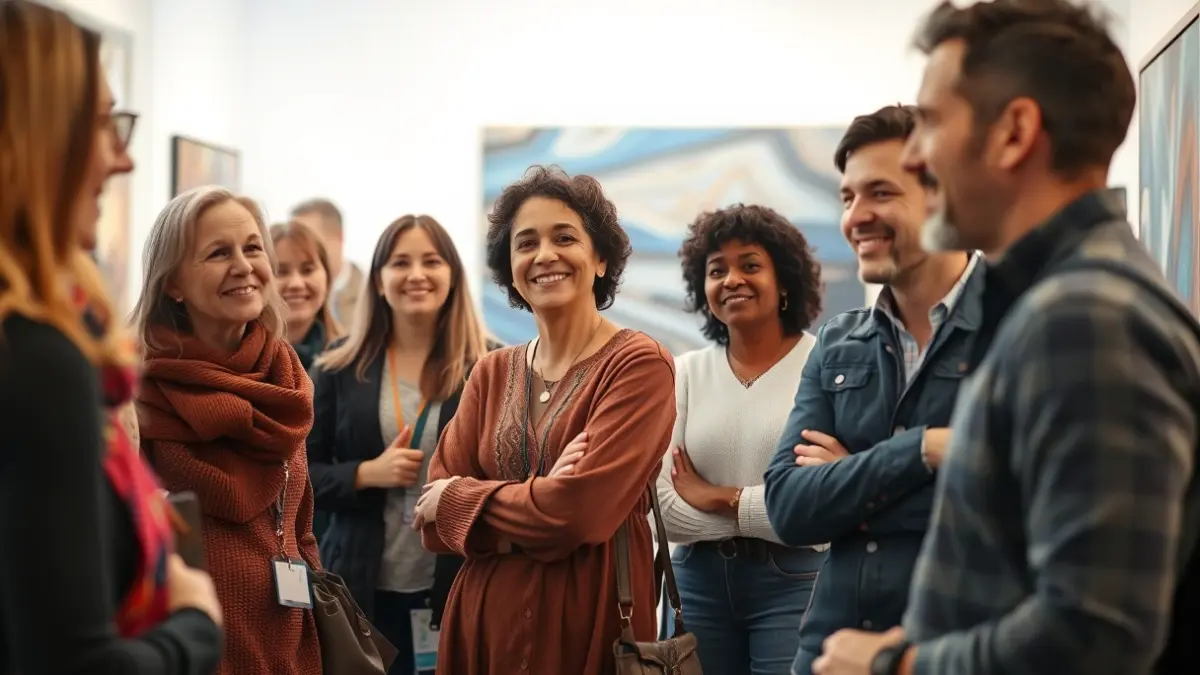 Imagen de personas diversas interactuando en una exposición cultural.