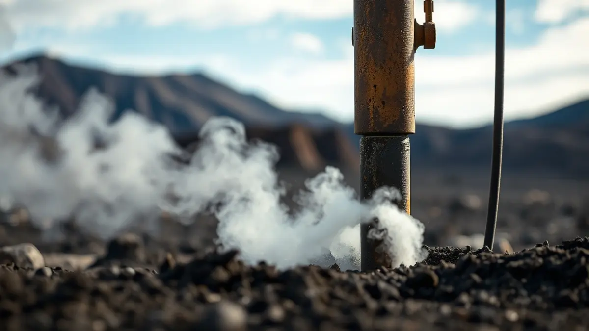 Imagen de una broca de perforación en el suelo, con vapor, en un paisaje volcánico.